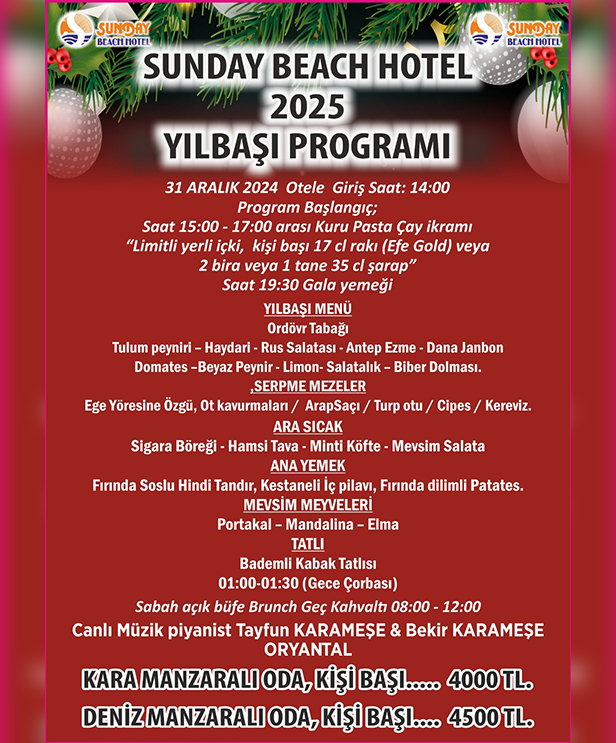 Sunday Beach Hotel Kuşadası Yılbaşı Programı 2025